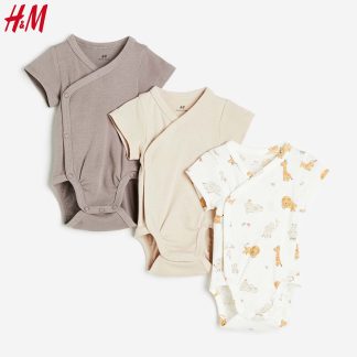 (H&M) Set 3 bodysuit kimono cộc tay thun mỏng mềm mát - nâu be