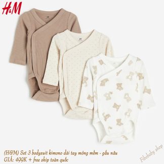 (H&M) Set 3 bodysuit kimono dài tay mỏng mềm - gấu nâu